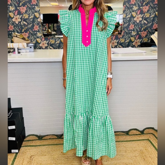 Dresses & Skirts - Green Gingham Maxi Dress with Hot Pink Trim